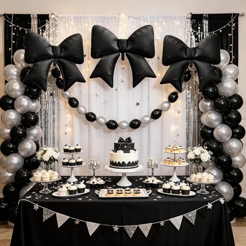 38 Inch Black Bow Foil Balloons, Large Black Mylar Bowknot Balloons Coquette Birthday Party Decorations for Girls Women Bachelorette Wedding Engagement Bridal Shower Baby Shower Decorations Supplies - color: Black, size: 38inch