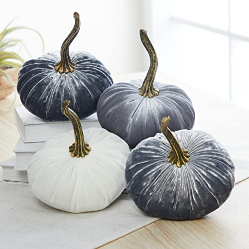 Set of 4 Small Velvet Pumpkins, silver platinum home decor accent, neutral tiered tray decor, Thanksgiving centerpiece, warm cozy autumn vibe, hygge home (2 Luxe Platinum, Gray, Ivory) - color: 2 Luxe Platinum, Gray, Ivory