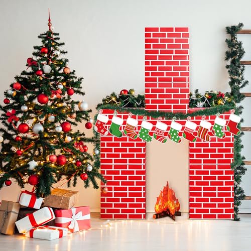 Fullhawl 34 Pcs 3D Christmas Cardboard Fireplace 39 x 59 Inch DIY Christmas Artificial Fireplace with Stocking 3D Fire Flame Prop Pine Garland Fake Fire Place Backdrop for Xmas Decor(Red Brick) - color: Red Brick