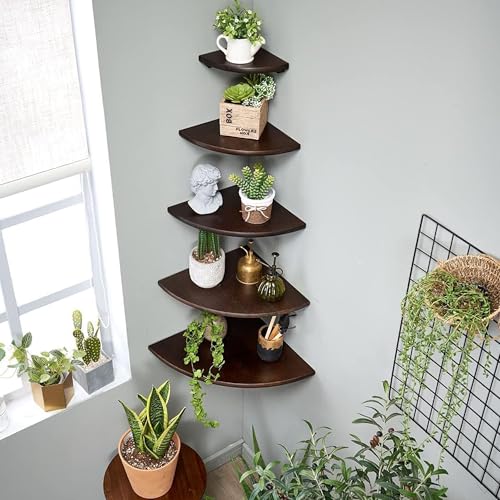 Corner Shelves, Floating Corner Shelf, Set of 2 Solid Oak Wood Wall Shelves, Round End Wall Mount with Wire Hole Shelving for Small Plant for Bedroom Kitchen, Living Room Walnut 8.7” - color: Walnut, size: 8.7in 2p