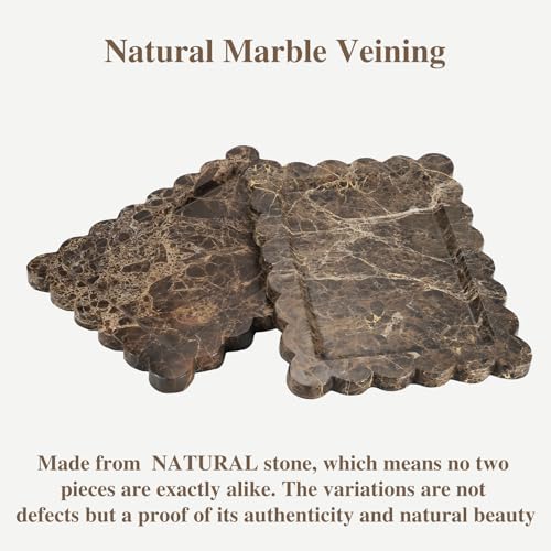Rectangle Marble Tray with Scalloped Edge, Dark Brown Decorative Tray for Bathroom Vanity, Kitchen Counter, Dresser Top Organizer, Perfume Jewelry Holder, 11x8 Inch Natural Stone Home Décor - color: Dark Brown