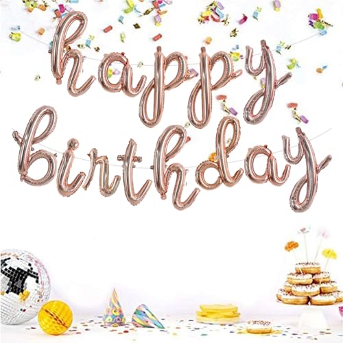 TONIFUL Rose Gold Happy Birthday Balloons Banner,Cursive Happy Birthday Balloon Birthday Decorations Rose Gold Mylar Foil Birthday Ballons for Kids and Adults - color: Low Rose Gold
