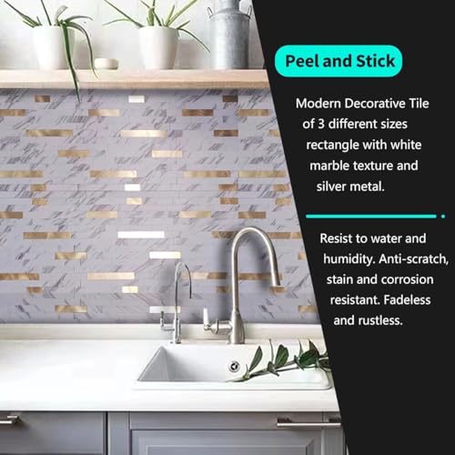 10-Sheet Peel and Stick Backsplash Tile, PVC Mixed Meta,l Stick on Kitchen, Bathroom Vanities, Fireplace Décor, Laundry Table(11.2" X 12.7") (10, White Marble + Golden) - color: White Marble + Golden