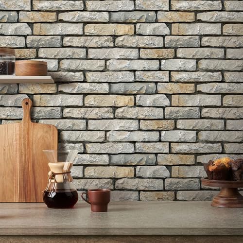 COMSTICKC 3D Stone Wall Panel Peel and Stick,12 Pcs of 22.8" x 11.8", DIY Lightweight PVC Stone Brick Textured Self Adhesive Wall Tiles Backsplash Interior Decor, Paintable, Covers 22.48 sq.ft - color: Brown Stone Brick