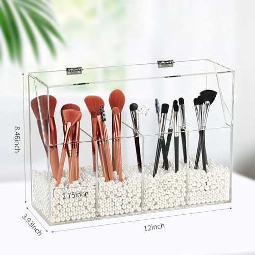 Vevitts Acrylic Makeup Organizer, Clear Cosmetic Brush Storage Box With 4 Brush Holders (Pearl not included),Makeup Brush Holder with Dust Cover, Large-capacity Split Design Organize the Desktop