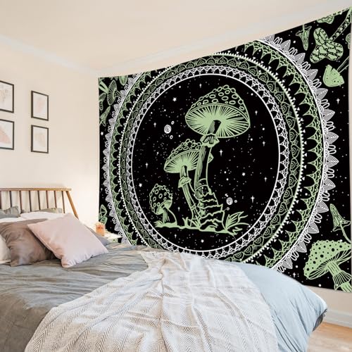 SCECALA Green Mushroom Tapestry Boho Mandala Pattern with Green Mushroom Wall Tapestry Black and White Star Wall Hanging for Bedroom Living Room Teen Dorm Party Home Decor 92.5x70.9 Inch - color: Green, size: 70.9"L x 92.5"W