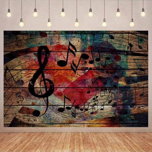 10x6.5ft Music Notation Backdrop Vintage Wooden Wall Background for Photography Red Heart Black Musical Symbols Backdrops for Birthday Music Theme Party Decorations Bar Concert Photo Booth Props - size: 10x6.5ft