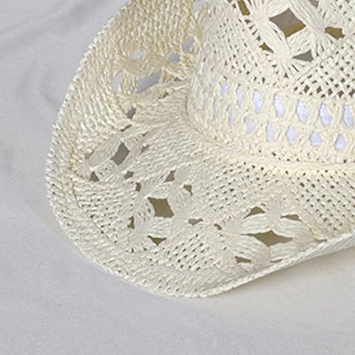 Straw Cowboy Hats Ventilated Hollow Round Foldable Sun Hats for Women Summer Western Cowgirl Beach Hat Photo Prop - color: Warm White