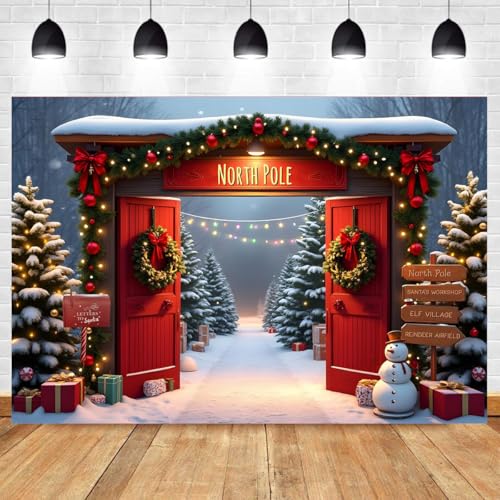 Christmas Photography Backdrop 7x5FT Winter Forest Wooden Barn Door North Pole Snowy Xmas Tree Background for Family Holiday Party Decorations North Pole Christmas Backdrops - color: Christmas Photography Backdrop
