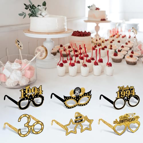 Turypaty 24Pcs 1996 30th Birthday Paper Glasses Decorations for Men Women - Black Gold Happy 30th Birthday Paper Eyeglasses Photo Props, Vintage 1996 Thirty Years Old Birthday Party Supplies - style: Black Gold 30th