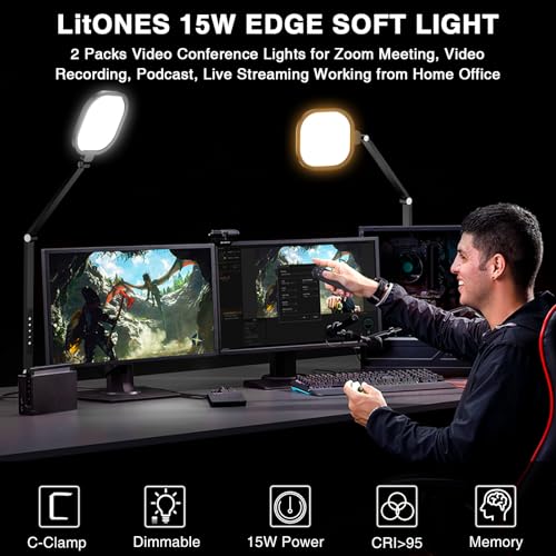 2 Packs Video Conference Light for Computer, 15W LitONES Desk Light for Zoom Calls Meeting with C-Clamp & Metal Swing Arm, Podcast Lighting Kit with Remote, Memory & Timing CRI>95 - color: Black-2 packs