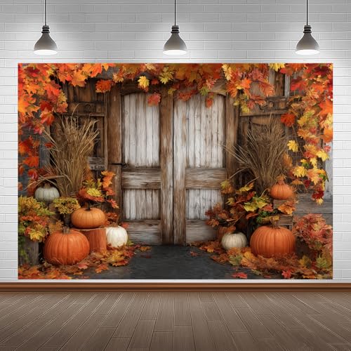 Fall Pumpkin Photography Backdrop, Autumn Thanksgiving Harvest Rustic Farm Wooden Barn Door Background Maple Leaves Party Banner Decoration Photo Booth Props 7x5FT