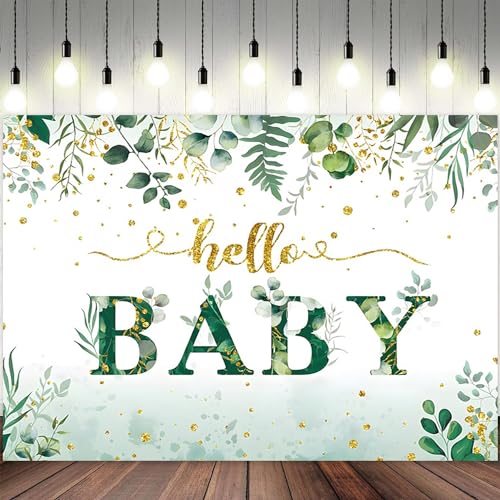 5x4ft Baby Shower Backdrop Oh Baby Photography Background Green Eucalyptus Leaves Girls Boys Kids Party Banner Decorations Watercolor Plant Gold Glitter Dot Newborn Parties Photo Booth Prop - color: Color 1, size: 5x4ft
