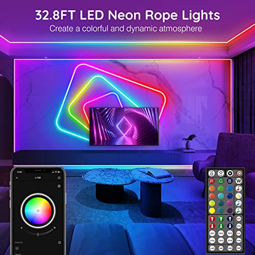 AILBTON 32.8Ft Neon Rope Lights,Flexible Led Rope Lights Control with App/Remote,Multiple Modes Music Sync Gaming RGB Led Neon Lights for Bedroom Outdoor - size: 32.8FT