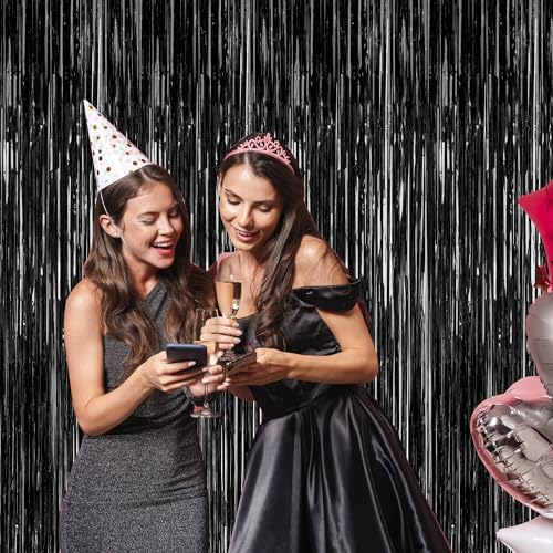 2 Pack 2026 Graduation Party Decorations, 3.28 FT x 7.05 FT Black Backdrop, Metallic Halloween Decorations Photo Backdrop Fringe Curtains Tinsel Backdrop Foil Streamer, Grad Party Supplies - color: Black, size: 2 PCS