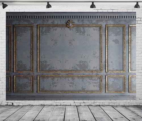 6x6ft Fabric Classic Gray Panels Backdrop Golden European Frame Vintage Wall Retro Golden Stucco Panels Wall Backdrop Houses Flats Interior Decor Wedding Baby Shower Photo Studio Props - size: 6x6FT