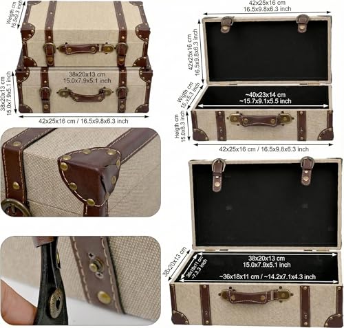DDECOR4SEASON Set of 2 Decorative Vintage Storage Trunks, Natural Canvas Wrapped Wood Keepsake Boxes with Faux Leather Trim and Antique Accents, Stackable Nesting Chests for Home Décor - color: Linen, size: 16.54" & 15" (Set of 2)