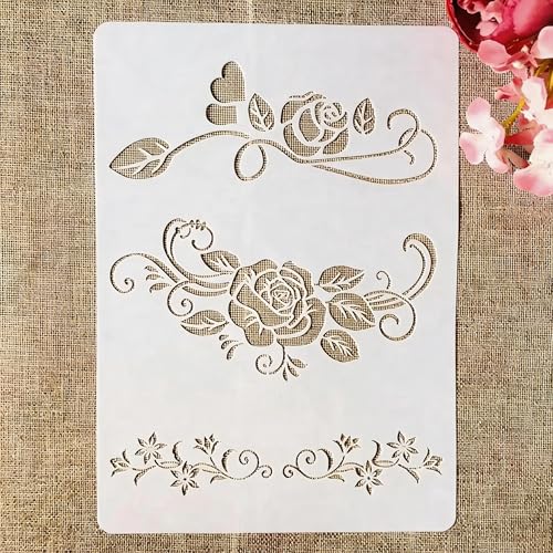 TIAMECH A4 Reusable Rose Lines Stencil for Painting - Floral Strip Border Layering Template, DIY Wall Art, Wood Furniture, Scrapbook & Crafts (8.3x11.7inch) - style: Rose Lines