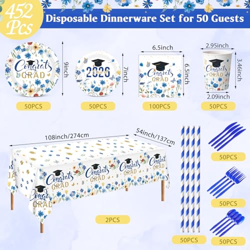 Ceenna 452 Pcs 2026 Blue Floral Graduation Decoration for 50, Royal Navy Blue Congrats Grad Paper Plates Napkins Cups Tablecloth Cutlery Straw Wildflower Grad Tableware for Class of 2026 Party Supply - color: Blue