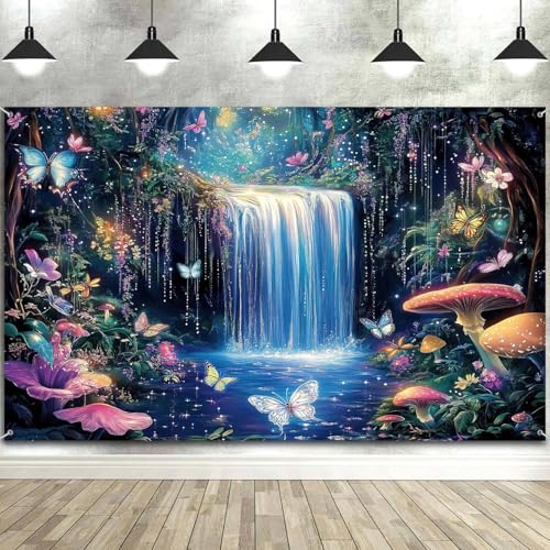 7X5ft Enchanted Forest Photography Backdrop Fantasy Wonderland with Waterfall Mushroom Floral Butterfly Magic Landscape Photo Booth Props for Party Decorations Studio Shoots - color: Multi6, size: 7x5ft