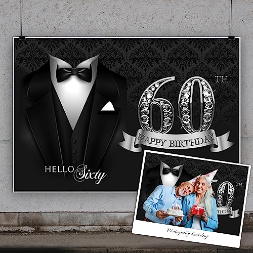 5x3ft Men 60th Birthday Backdrop Black Necktie Suit Tuxedo Hello Sixty Photography Background Luxury Silver Diamonds Men Father 60th Happy Birthday Party Supplies Portrait Photo Shoot Props - color: black silver 60, size: 5x3ft