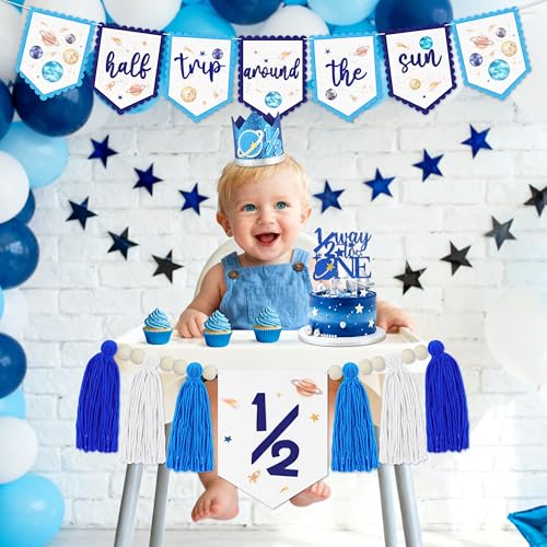 1/2 Birthday Half Trip Around the Sun Half Birthday Decorations - Banner Glitter Cake Topper Tassel Wood Bead High Chair Banner & Crown, Hat Halfway to One Baby Boy Girl Party Supplies - color: Planet Blue