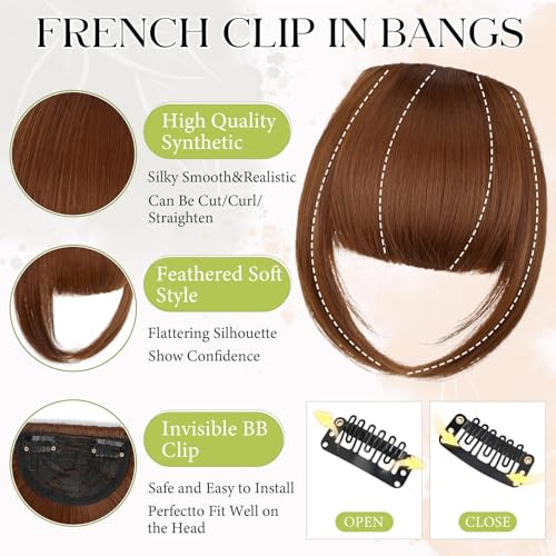 Bangs Hair Clip in Bangs, French Light Auburn Fake Bangs Hair Clip on Bangs for Women Fringe with Temples Hairpieces Faux Bangs for Daily Wear - color: Light Auburn