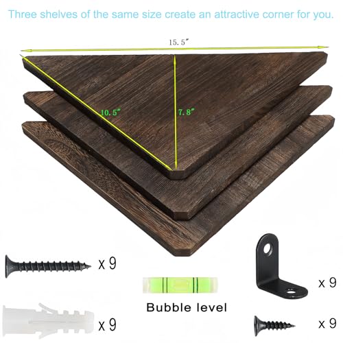 Joiishom Corner Wall Shelf Set of 3, Floating Corner Shelves, Rustic Wood Wall Storage Display Shelves for Living Room, Bedroom, Bathroom, Kitchen (Dark Brown) - color: Dark Brown