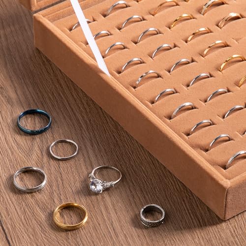 Frebeauty Ring Organizer Tray 100 Slots Ring Holder with Clear Lid Velvet Storage Box Jewelry Tray for Jewelry Store Earring Display Case for Jewelry Show Studs Box for WomenCamel - color: Camel