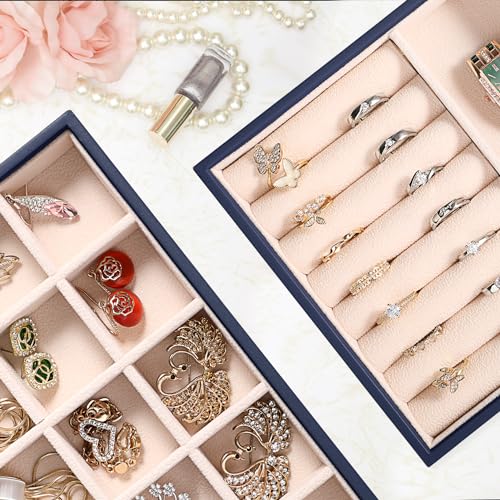 LANDICI Stackable Jewelry Organizer Trays 4 Set,PU Leather Jewelry Organizer Drawer,Jewelry Storage Display Tray for Earring Necklace Rings Bracelet with Removable Dividers,Dark Blue - color: Dark Blue