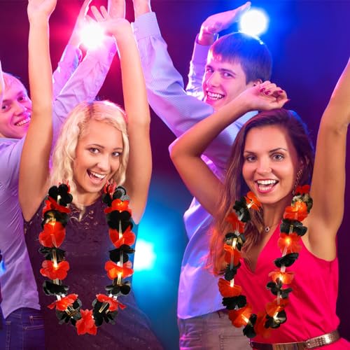 Sherr 24 Pcs LED Light Up Hawaiian Leis Flower Necklaces, Black and Red Artificial Flower Garlands for Graduation Party, Luau, Wedding, Festival Night Accessories - color: Black Red