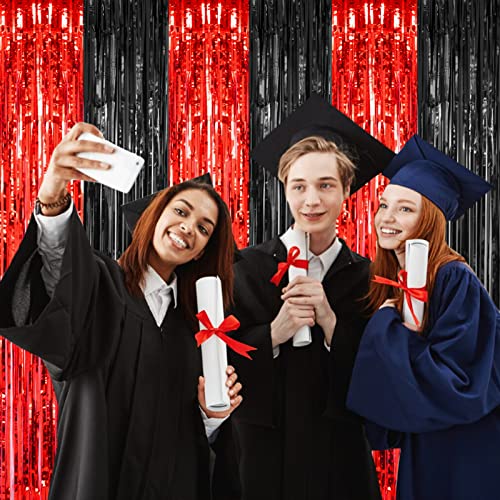 PIGETALE, 2 Pack 3.2x8.2 Feet Black and Red Foil Fringe Curtains Party Decorations, Tinsel Curtain Backdrop Streamers for Birthday Graduation Fiesta Stranger Theme Halloween Christmas Party Supplies - color: Red and Black