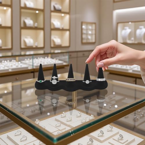 KUKUVR Velvet Ring Display Stand, Finger Jewelry Organizer for Retail Show, Personal Vanity, and Travel – Black Ring Holder for Engagement Rings, Wedding Bands, and Fashion Jewelry (Black 5 Fingers)