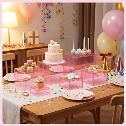 Geelin 6 Pack Acrylic Risers for Display Acrylic Cube Boxes Risers Display Stands with Hollow Bottoms Decorative Stand for Jewelry Candy Table Decor 6 Sizes(Pink,3 to 8 Inch,Square) - color: Pink, size: 3 to 8 Inch