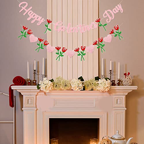 Happy Galentine's Day Banner - Pink Glitter Galentine’s Day Decorations, Rose Heart Garland Banner Sign for Ladies Girls Friends Valentine’s Day Party Decor, Break Up Party Favor Photo Props - color: Pink