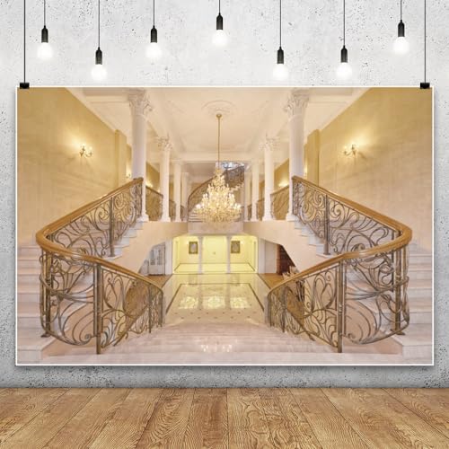 Leowefowa 8x6ft Castle Backdrop Luxurious Golden Palace Elegant Stair Droplight White Pillar Marble Floor Interior Wedding Vinyl Photography Background Kids Adults Photo Studio Props - size: 8x6ft