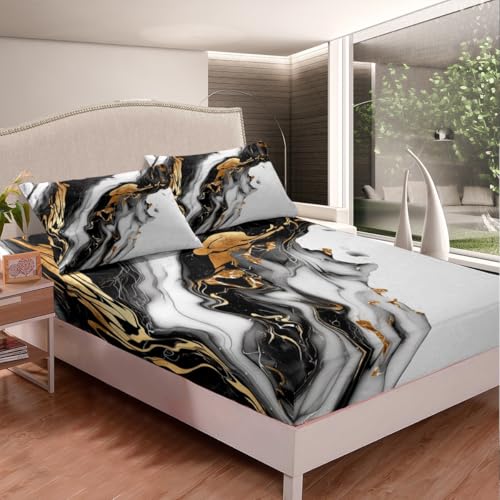 Marble Texture Bed Sheet Set Black White and Golden Fitted Sheet for Kids Boys Girls Teens Ink Color Bedding Set Modern Marble Aesthetic Bed Cover 2Pcs with 1 Pillow Case Twin Size - color: Multi Aa03, size: Twin
