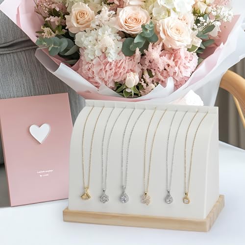 KUKUVR PU Cambered Necklace Display Stand for Women, Wood Base Jewelry Holder Rack for Necklace Pendant Bracelet Chains, Necklaces Storage Organizer Showcase for Selling Vendors exhibition (White) - color: White