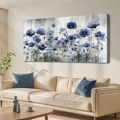 LKY ART Large Flower Canvas Print Wall Art blue Daisy Floral Wood Background Ready to Hang for Living Room Bedroom Home Office Wall Decoration 30" x 58" - color: Blue-gray, size: 58"L x 30"W