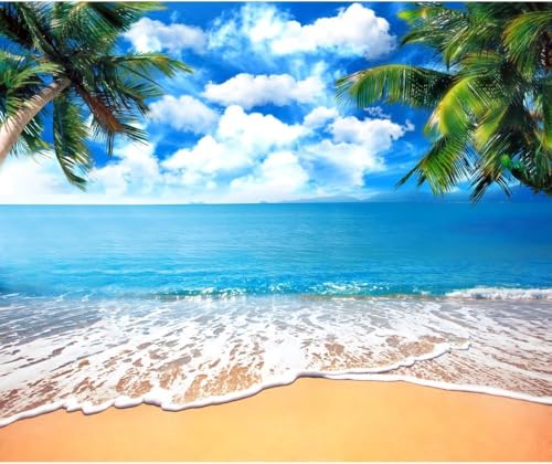 Summer Tropical Beach Backdrop Blue Sea Sky White Clouds Palm Trees Backdrop Theme Portrait Photography Background Holiday Photo Video Studio Props Banner 12x8ft - color: Blue, size: 12x8ft