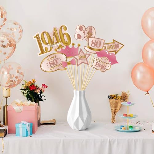 Kuxriox 21Pcs 80th Birthday Photo Booth Props for Women, Pink Rose Gold Vintage 1946 80 Birthday Selfie Props Kit with Sticks Party Supplies Favors, Happy Eighty Bday Photo Props Decor