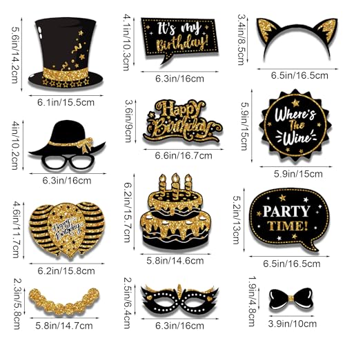 38PCS Birthday Photo Booth Props - Happy Birthday Graduation Wedding Party Favors Supplies Bday Party Decor Funny Cute Holiday Selfie Supplies (Gold Black) - color: Blackgold