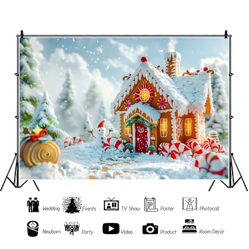 Renaiss 7x5ft Christmas Gingerbread House Backdrop Winter Snow Forest Sweet Merry Xmas Holiday Scene Photography Background for New Year Merry Xmas Eve Family Party Decor Photo Studio Props - color: christmas-g, size: 7x5ft