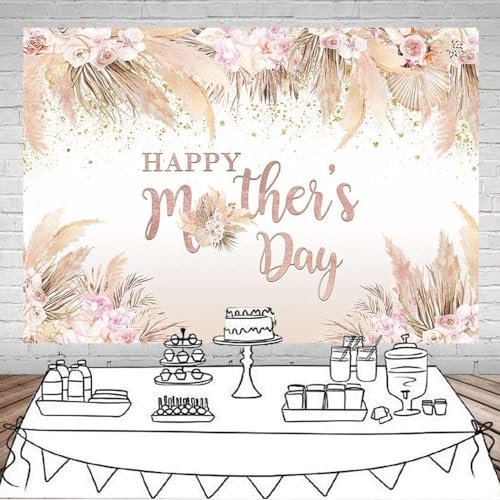 Mocsicka Happy Mother's Day Backdrop Boho Chic Pink Flowers Mothers Day Birthday Background for Women Vinyl Bohemian Pampas Grass Mom's Day Party Cake Table Decorations Photo Booth (10x7ft-2) - size: 10x7ft-2