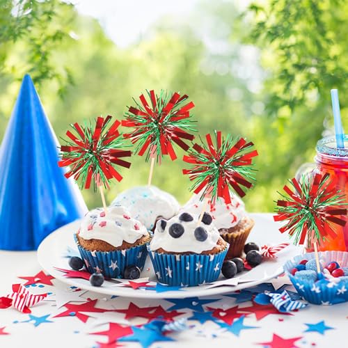 30 PCS Foil Firework Cupcake Toppers Sparkle Tinsel Cupcake Picks Happy Birthday Cake Decorations Drink Stirrers Cocktail Food Fruit Toothpicks for Baby Shower Graduation Party Supplies Red Green - color: Red+green