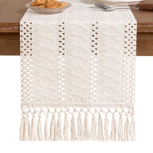Socomi Boho Table Runner Summer Farmhouse Rustic Dining Kitchen Centerpiece Decor Small Macrame Woven Cotton Linen Coffee Table Runner for Dresser Scarf Home Decor 12x36 inch Cream Ivory - color: Cream, size: 12" X 36"