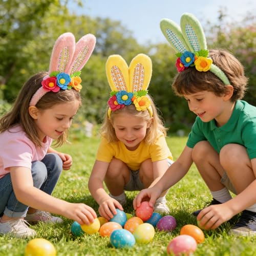 3 Pack Luxurious Easter Bunny Ears Headband Cute Plush Rabbit Ears for Kids Adult Cosplay Birthday Party Supplies - color: 3pcs Headband With Flowers-1