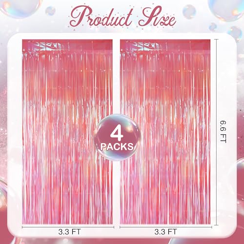 4 Pack Pink & Green Party Streamers Backdrop Curtains, 3.3x8.2ft Holographic Tinsel Foil Curtain Photo Booth Props for Birthday, Wedding, Holiday Celebration, Bachelorette, Theme Decorations - color: Pink & Green, size: 4 Pack
