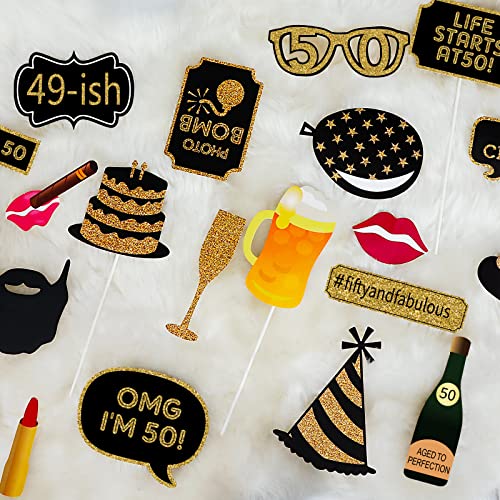 50th Birthday Photo Booth Props - 41 Pcs Black and Gold Funny Birthday Party Decorations for Men & Women, Fifty and Fabulous Anniversary Party Supplies,50th Printed Gold Glitter Selfie Props Kit