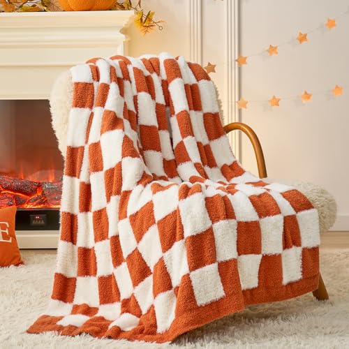 Snuggle Sac Orange Throw Blanket for Fall,Soft Fall Checkered Blanket for Couch, Cozy Faux Fur Knit Microfiber Blankets for Sofa, Bed, Orange Checker,50x60 inches - color: Orange White, size: Throw(50"x60")